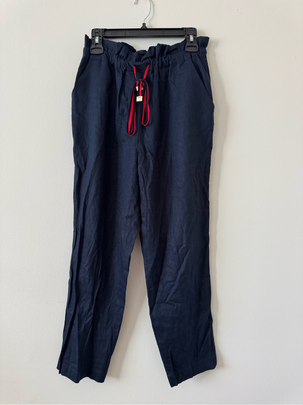 DKNY Navy Linen Pants Size 6 Elastic Waist Red Tie Straight Leg Summer Trousers